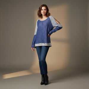 Live Love Dream Blue ColorBlock Two Tone Distressed Cold Shoulder Sweater Medium